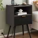 Black Nightstand with Outlet,Modern Bedside Table with Storage Drawer and Open Wood Shelf, for Living Room, Bedroom and Small Spaces, Accent Night Stand with Solid Wood Legs, Easy Assembly