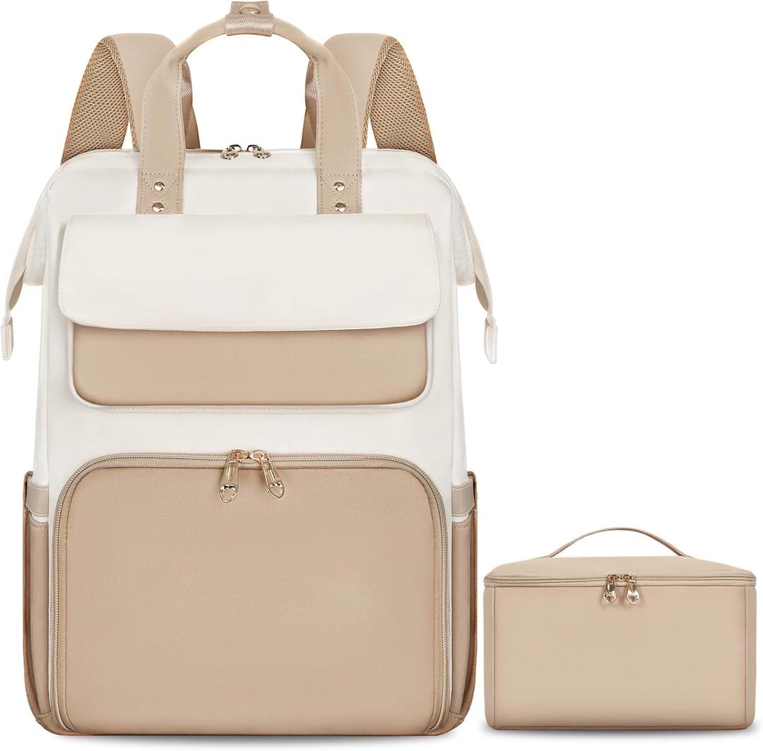 BERTASCHE Lunch Backpack for Women, 15.6 Inch Laptop Backpack with Insulated Cooler Lunch box, Nurse Backpack for Teacher Work Travel College Picnic, Khaki-Beige