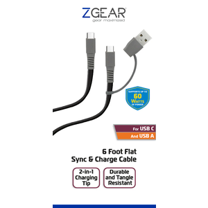 ZGear 6' Extended Length Black Sync & Charge Cable for USB C and USB A, Black/Gray