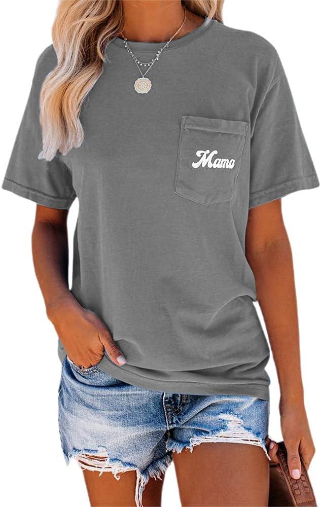 NIUBIA Women's Letter Print Basic Crew Neck Tee Summer Short Sleeve T-Shirt with Pockets Loose Fitting Tops (Large, Dark Grey)