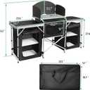 CampLand Folding Camping Kitchen Table with Windscreen,Portable Outdoor Cooking Station with Storage Cabinet & Side Tables Heavy Duty Camp Cook Station for Camping & BBQ (Black3cabinet)