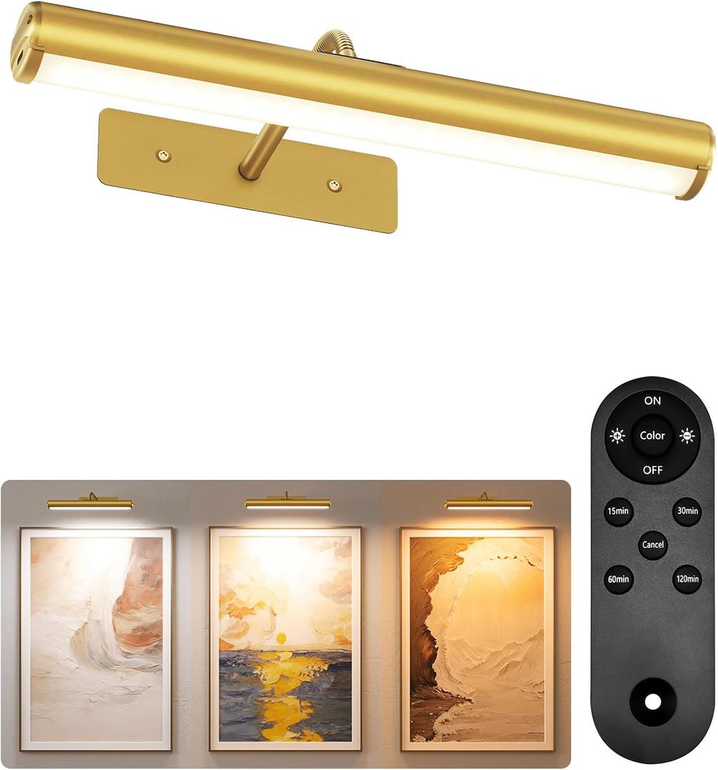 EZVALO Wireless Picture Light for Wall, 13 Inch 4000mAh Rechargeable Battery Painting Light with Remote, 3 Color Temps Dimmable Gold LED Art Light for Gallery, Living Room, Hallway