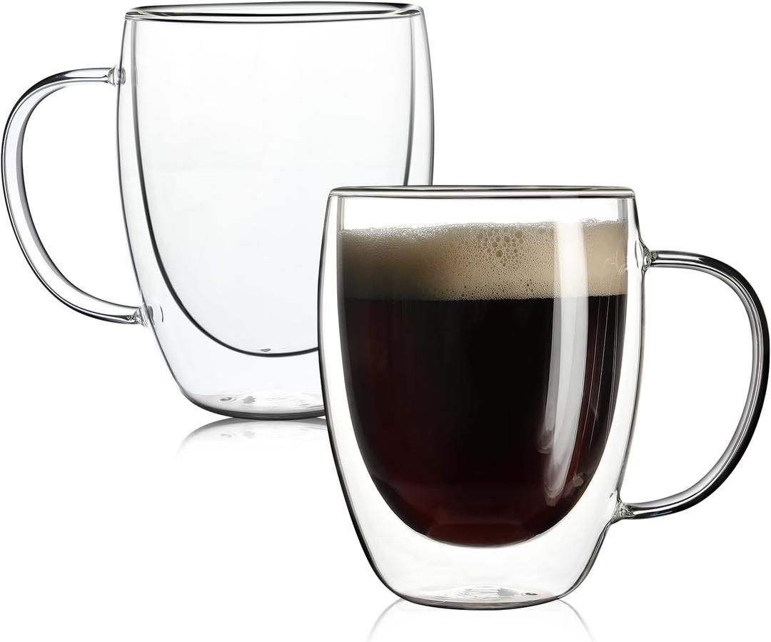 2 Pack Double Walled Glass Coffee Mugs with Handles, Large Insulated Layer Coffee Cups, 12oz Clear Borosilicate Mugs, Perfect for Cappuccino, Tea, Microwave Safe