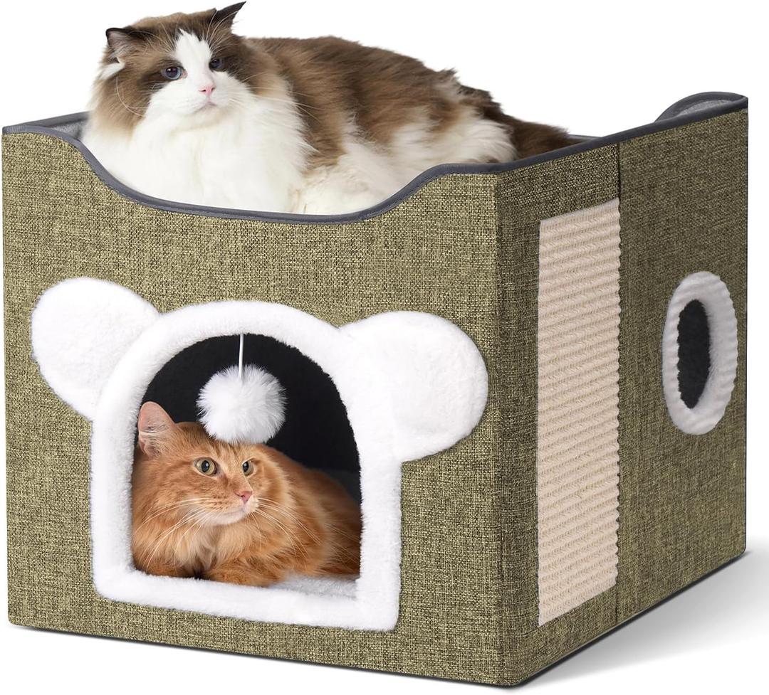 Cat Houses for Indoor Cats, Large Cat Cave with Fluffy Ball and Scratch Pad, Covered Cat Bed House, Foldable Cat Hideaway (Beige)