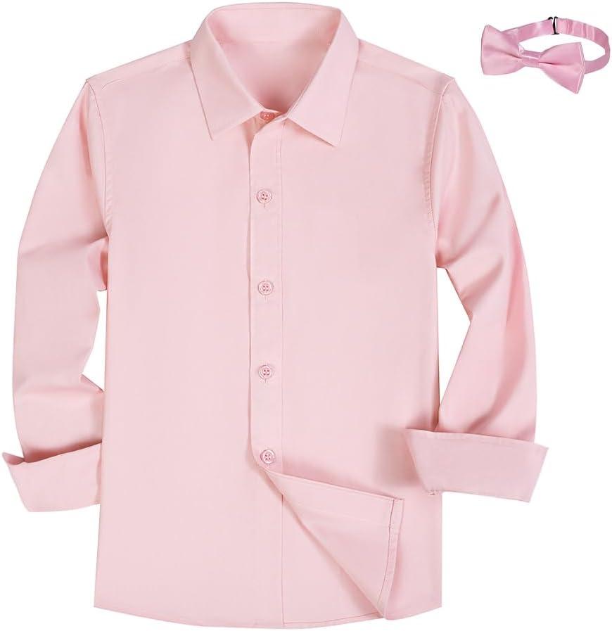 Boys Button Down Shirt Long Sleeve Dress Shirts for Toddler Kids Boy with Bow Bowtie (3T, Light Pink)