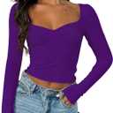 Women's Long Sleeve Going Out Crop Top Sexy Pleated Trendy Shirt Sweetheart Neck Y2K Ruched Cropped Tops (Dark Purple) XS