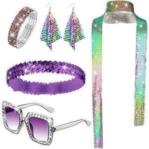 Sasylvia 5 Pcs 70s Disco Accessories Halloween Women Costume Jewelry Sequin Scarf Earrings Sunglasses Bracelet Headband (Multicolor)