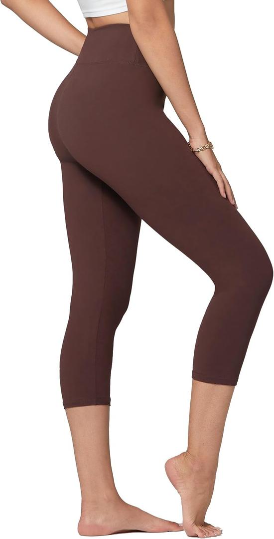 Conceited High Waisted Ultra Soft Leggings for Women - Full Length, Capri Length and Biker Shorts (Capri Length, One Size Plus, Solid - Brown)