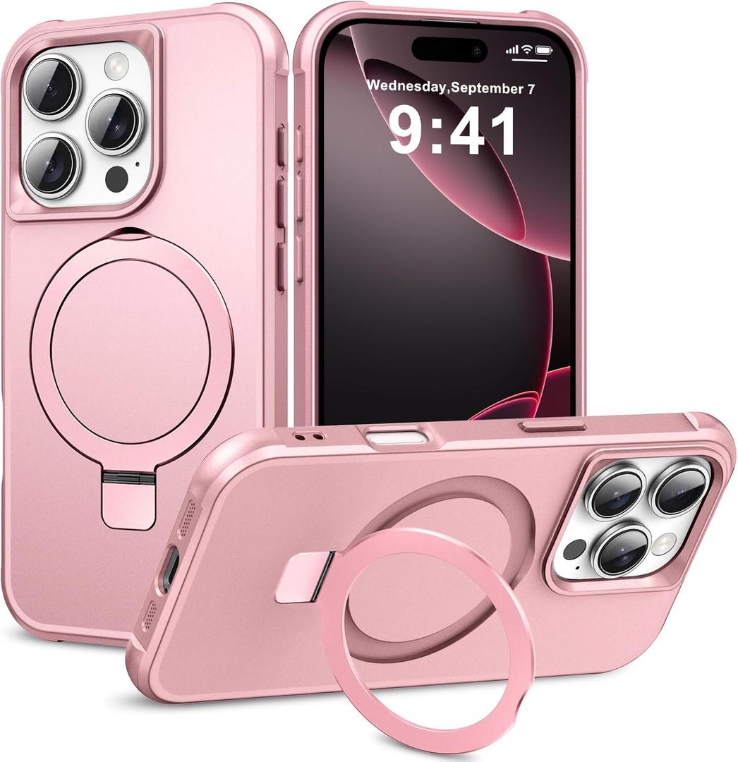 PIXIU Strong Magnetic for iPhone 16 Pro Max case Compatible with Mag-Safe, Built-in Invisible Stand,Military Shockproof Slim Protective Matte Phone Cover for iPhone 16 Pro Max 6.9"-Rose Gold