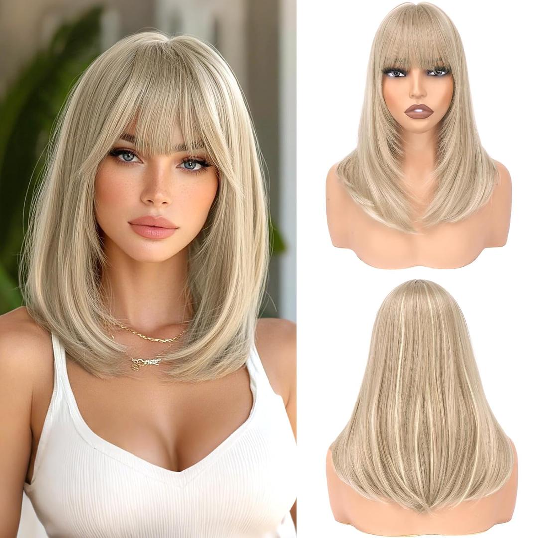 Haloo Blonde Bob Wigs with Bangs Shoulder Length Straight Natural Looking Synthetic Heat Resistant Medium Hair Wigs for Women Daily Party, 16 Inch Dirty Blonde