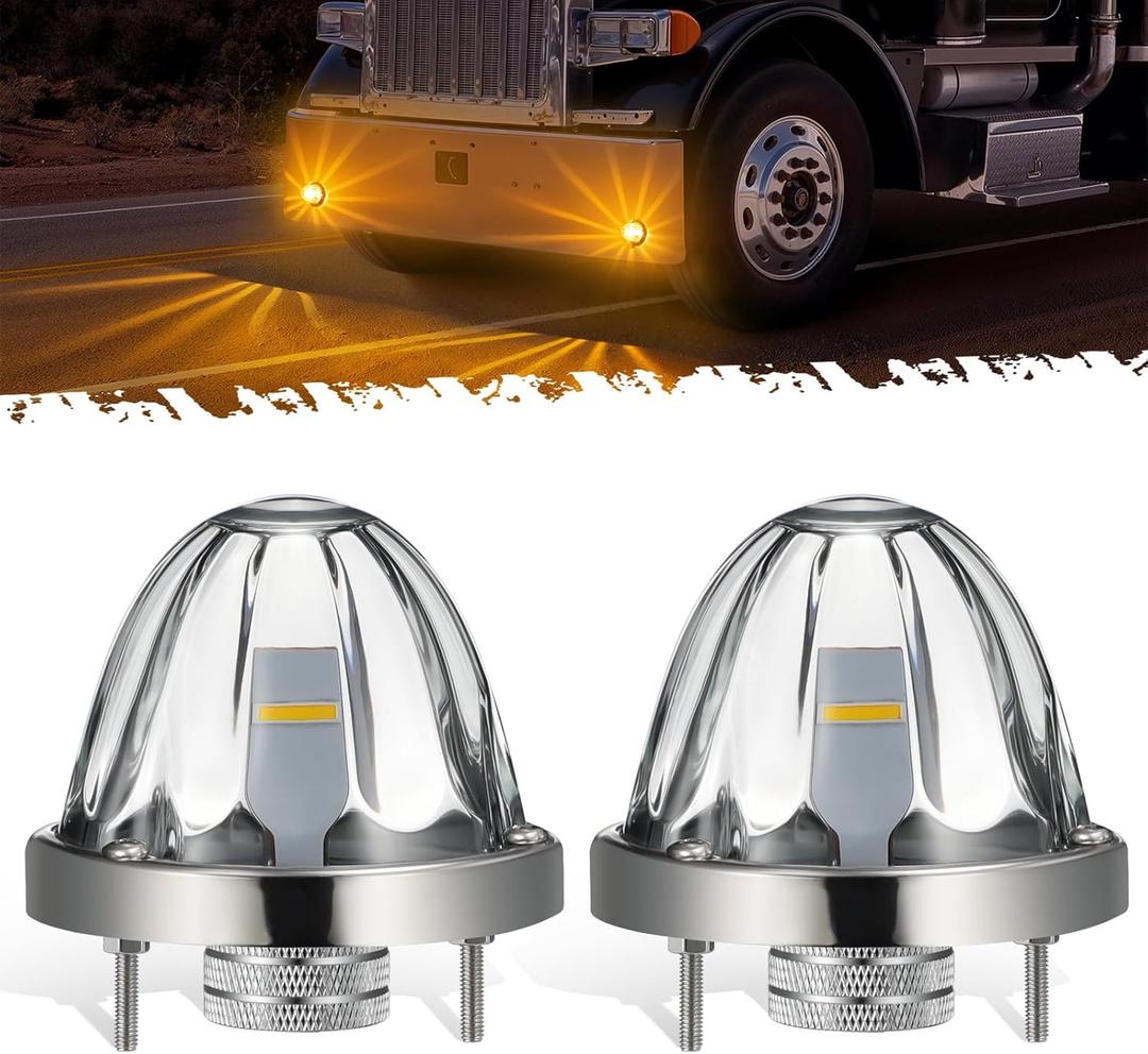 Partsam 2Pcs Glass Watermelon Lights [Patented] Clear Lens Amber LED Side Marker Turn Signal Lights with Bezel Replacement for Kenworth Peterbilt Freightliner Trucks