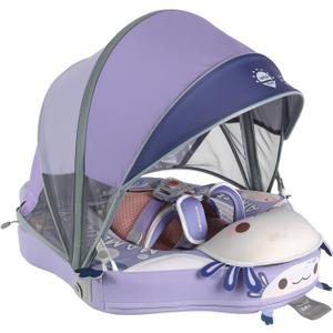 Mambobaby No-Flip Baby Pool Float with Canopy & Tail Non-Inflatable Swim Float for Infants, Pearl-Foam, UPF 50+ & Adjustable Safety Five-Way Harness, Skin-Friendly for Boys Girls 3-24 Months (Axolotl)