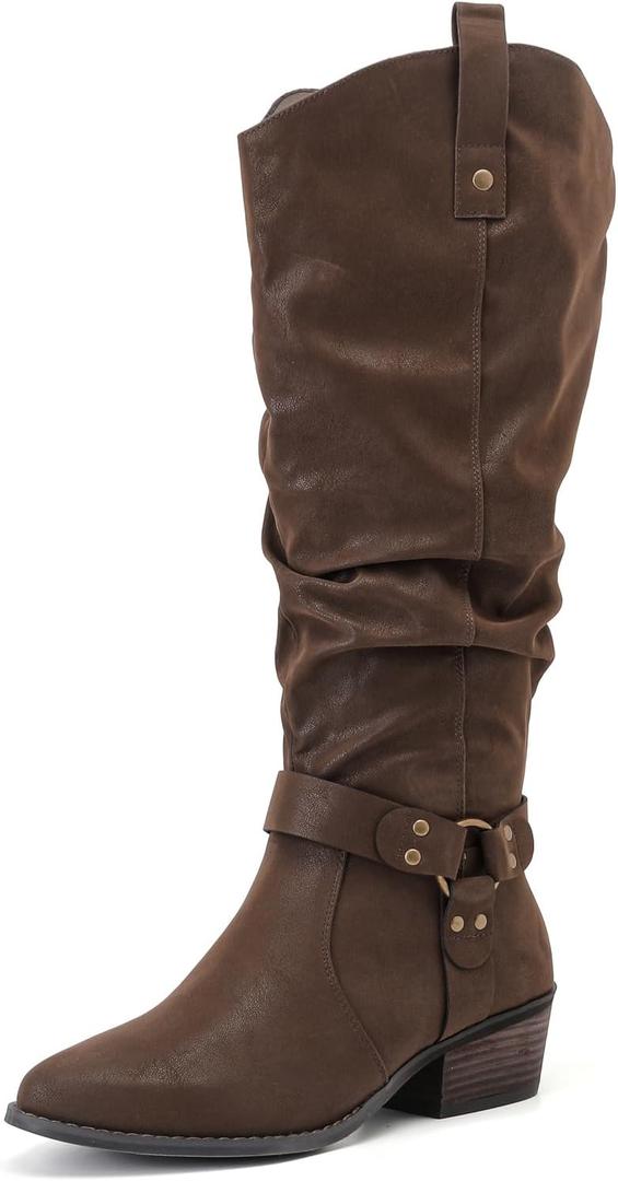 Luoika Women's Extra Wide Calf Low Heel Knee-High Boots (Brown)