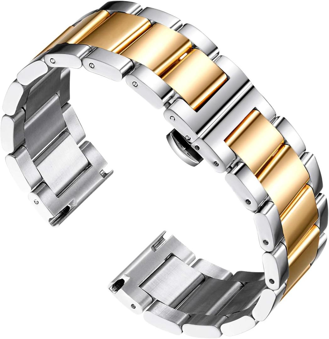 BINLUN Stainless Steel Watch Band, Heavy Duty Metal Replacement Strap with Polished & Matte Brushed Finish for Men and Women, 16mm-26mm(Polished Silver and Gold,20mm)