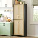 JASIWAY Kitchen Pantry Cabinet, 67" Tall Rattan Storage Cabinet with Doors and Adjustable Shelves, Wooden Linen Pantry Cupboard for Small Spaces Laundry Room Bathroom, Food Snack Towels Storage, Black