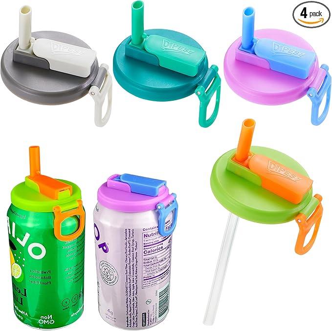 4-pack Soda Can Lids with straw, Soda Can Covers with Silicone straw BPA-Free Reusable For Fits standard For Canned Beverage, Beer, Juice,Seltzer. (Gray)