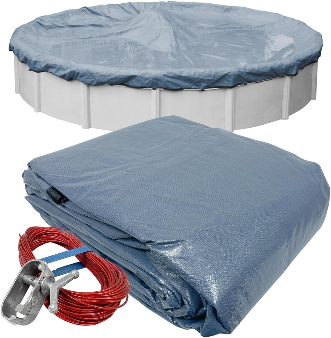 Robelle 28 ft Commercial Premier Winter Pool Cover for Above Ground Pools | Blue Round Pool Cover, 4 ft Overlap (32ft Cover Size), Solid 12 x 12 Scrim, 3.7 oz/yd2, Style: 3428-4A