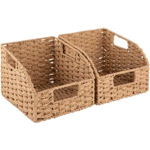 OIAHOMY Pantry Baskets for Organizing, Paper Rope Baskets with Built-in Handles, Wicker Storage Bins for Shelves, 2 Pack-Yellow (Natural)