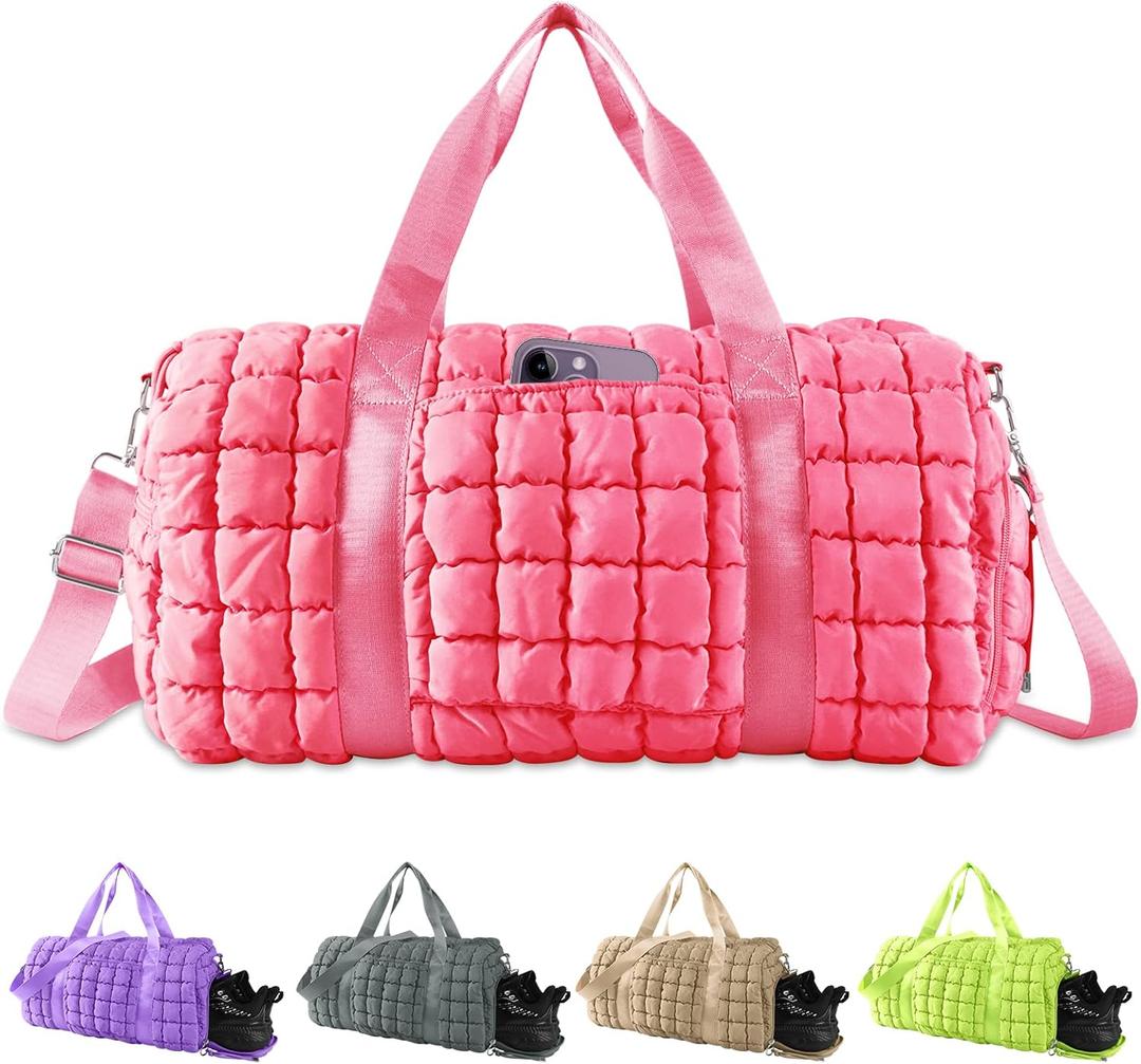 Quilted Travel Duffle Bag Gym Bag for Women, Large Puffer Duffle Weekender Bag with Compartment, Workout Overnight Carry on Organizer Bag Duffle Bag for Airplane Travel(L-Pink)
