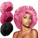 3Pcs Bonnet for Sleeping, Extra Silk Satin Hair Bonnets with Tie Band for Curly Hair Braids (A15-Black+Rose Pink+Dark Rose Pink)