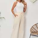 Women's Linen Pants Relaxed Fit High Waisted Boho Chic Ankle Pants Summer Beach Vacation Wide Leg Trousers (Beige)