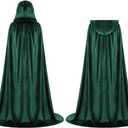 Velvet Hooded Cloak for Adults Full-Length Medieval Cape with Oversized Hood for Halloween Cosplay Gothic Wizard (Green, M)