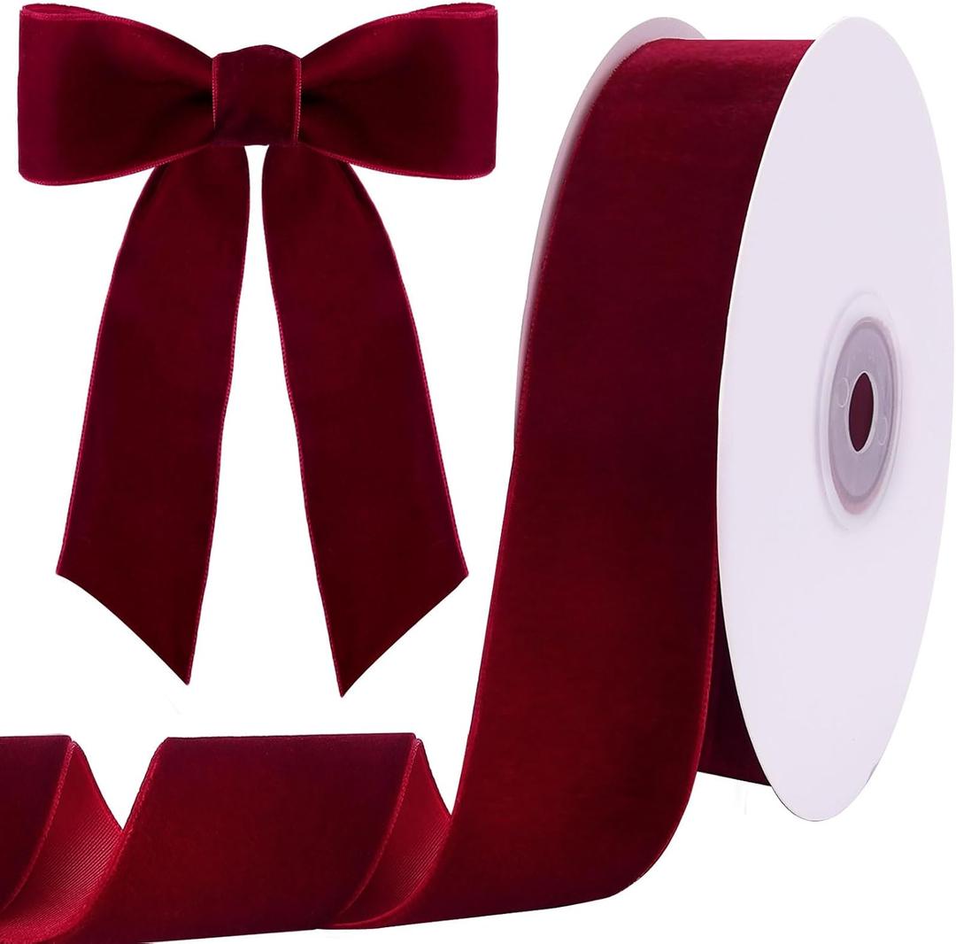 10 Yards Burgundy Velvet Ribbon 1 1/2 Inch for Christmas Tree,Velvet Christmas Ribbon for Gift Wrapping Crafts Bow Wreath Holiday Decorations (Burgundy)