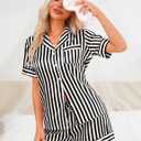 Girece Womens Pajamas Satin Pajama Set for Women Cute Black Striped Silk Pajama Set Lightweight Soft Sleepwear Button Up Pj Cozy Pjs with Shorts Gift for Her (Black Striped, XL)