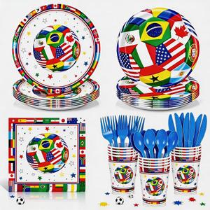 168 Pcs Soccer Party Supplies Serves 24 World International Flag Tableware Set Disposable Paper Plates Cups Napkins and Cutlery for Boys Birthday Sports Decor