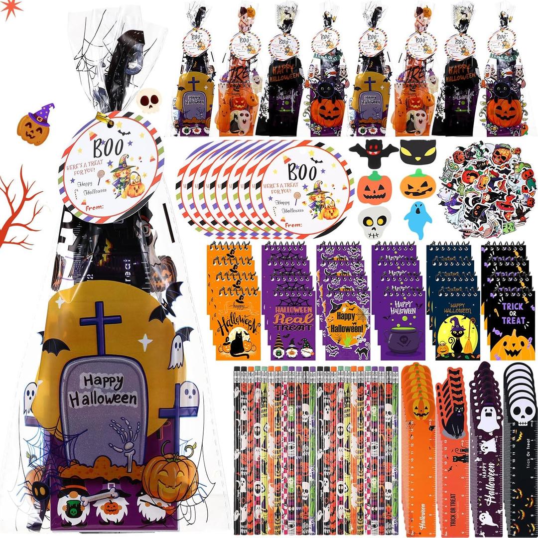 194 Pcs 24 Pack Halloween Stationery Gift Set Party Favors for Kids Notebook Pencil Ruler Eraser Sticker for Halloween Trick or Treat Fillers Students Classroom Rewards Prizes Goodie Bags Stuffers