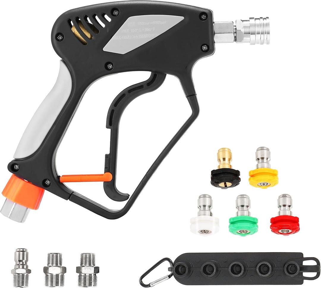 PWACCS Pressure Washer Gun with Swivel, Short Power Washer Gun with 3/8 Quick Connector, M22 14mm /15mm Fitting, 5 Pressure Washer Nozzle Tips with Holder, 5000 PSI Black