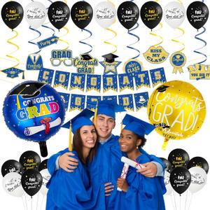 Graduation Decorations Class of 2025, 54 pcs Blue and Gold Congrats Grad Banner Hanging Swirls Graduation Cards Balloon 18 Aluminum Film Balloon Party Favors for Grad Party Decoration Supplies