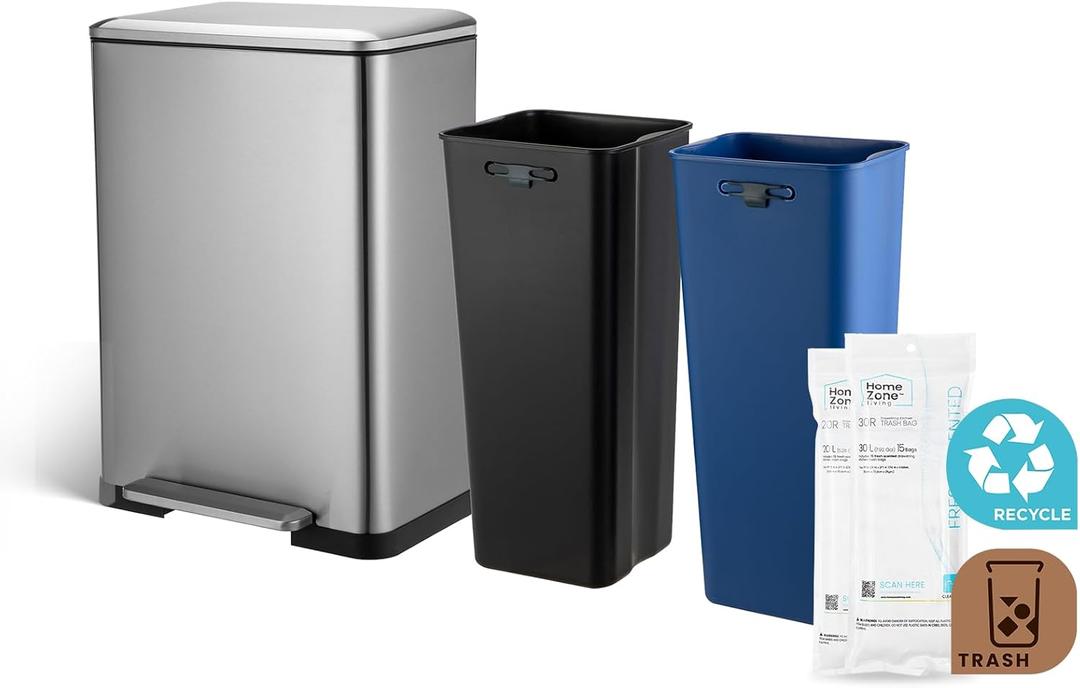 Home Zone Living 13 Gallon Kitchen Trash Can with Dual Compartments for Recycling, Stainless Steel, Silver, 50 Liters Total