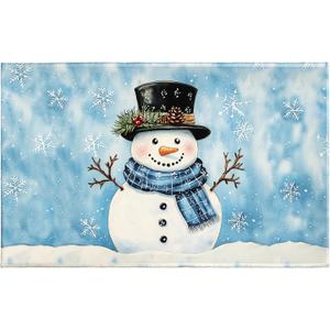 Winter Bath Rug Lovely Blue Snowman Bath Mat 20x32 Inch Snowflakes Bathroom Plush Rug Non Slip Absorbent Holiday Doormat for Bathroom Entryway Living Room (1'8" x 2'8" (Rectangular))