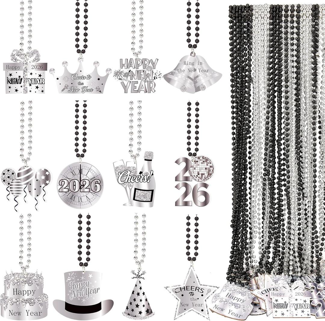 36 Pcs New Year Beads Necklaces with Pendant Black Silver Happy New Year Beads Necklaces for 2026 New Years Eve Party Favors Supplies, 12 Styles