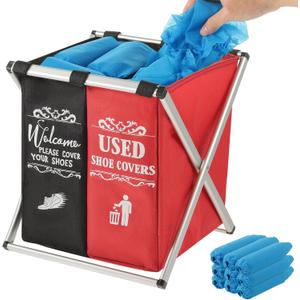 Foldable Shoe Cover Box Dispenser with 100PCS Shoe Covers, Shoe Covers Box with Double Compartment Fabric Storage Bin Holder for Indoors Open House Supplies, House Indoor Guest Supplies