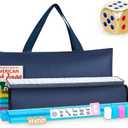 American Mahjong Tile Set, Mah Jong Set Complete with Bag, 166 White Tiles with Golden Dices for Travel, 4 All-in-One Mahjong Racks with Pushers (Blue)