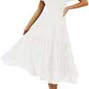 ZESICA Women's 2025 Summer Square Neck Short Puff Sleeve Solid Color High Waist Casual Smocked Flowy A Line Tiered Midi Dress, Medium