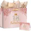Yoirrat Rose Gold 18 & Fabulous 18th Birthday Gift Bag for Girls Large Pink Happy 18th Birthday Gift Bag with Wrapping Paper Card for Girls 18th Bday Decorations Party Supplies