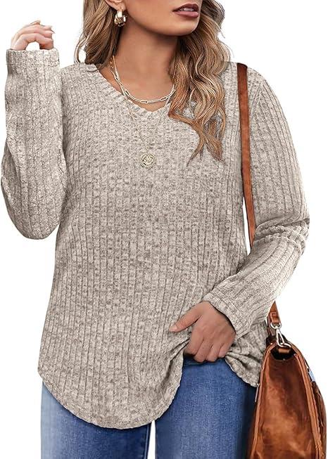CARCOS Plus Size Tops for Women Long Sleeve Fall Shirts Lightweight Sweaters Basic V Neck Tunics Casual T Shirt,2XL, Apricot