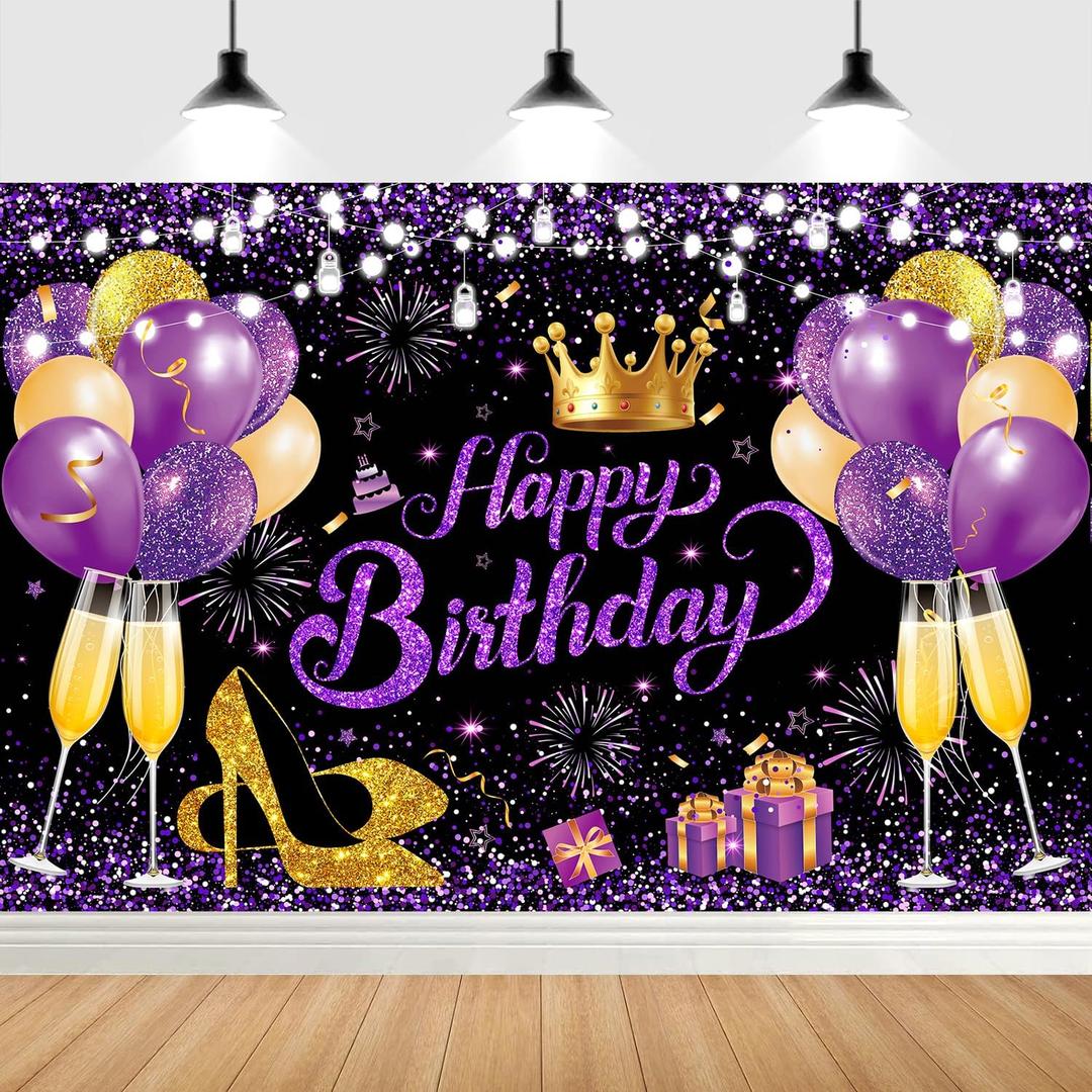 YinQin 180x120 cm Glitter Purple Golden Happy Birthday Party Backdrops Cloth 71x47 inch Photography Bday Backgrounds Black Purple Gold Happy Birthday Sign Banner Decorations for Girl Women