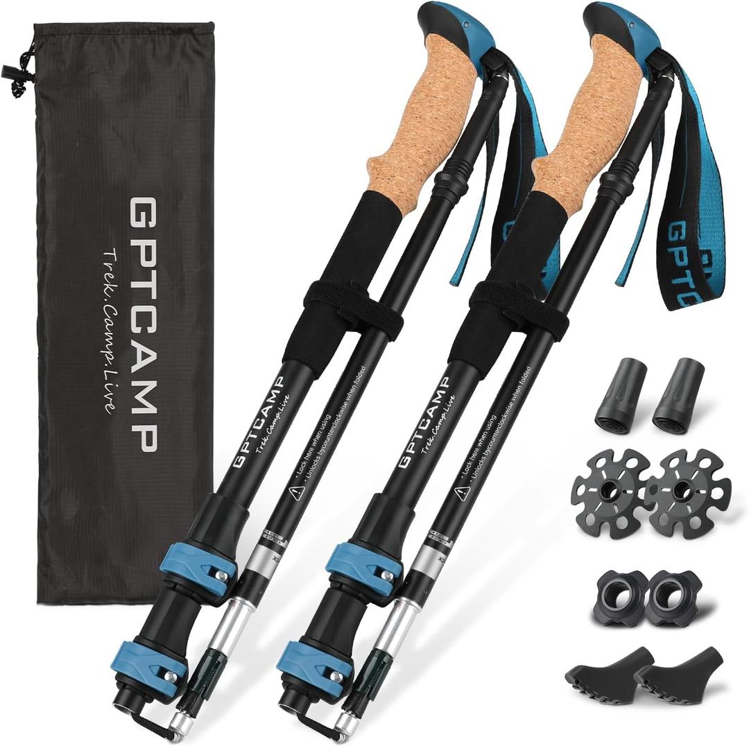 GPTCAMP Walking Sticks,Trekking Poles Collapsible Hiking Poles,Lightweight Folding Travel Walking Pole for Men Women,2pc Adjustable Hiking Stick with EVA Foam Grips for Backpacking (-Blue)