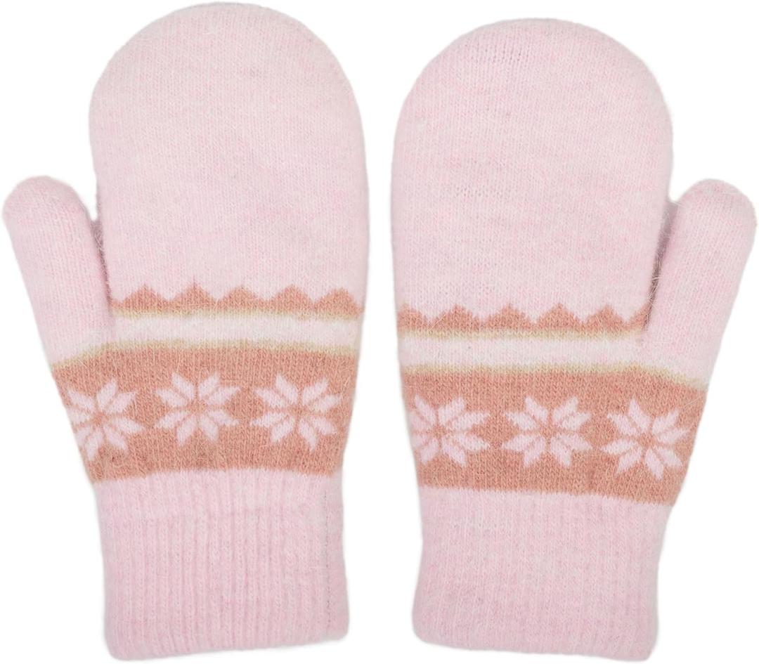 Kids Winter Warm Knit Mittens-Double Layer Thickn Outdoor Gloves Soft Stretchy Snowflakes Gloves for Boys Girls 5-10Y
