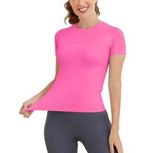 MathCat Short Sleeve Workout Tops for Women, Seamless Women's Compression Shirt, Yoga Running Athletic Shirts Soft Gym Tops Hot Pink, Large