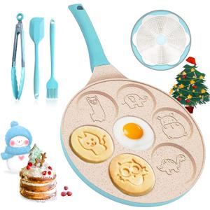 Pancake Pan Induction Egg Pan 7-Cup Mini Pancake Maker Nonstick Omelette Breakfast Egg Skillet Animal Pancake Molds, Induction Compatible (Blue)