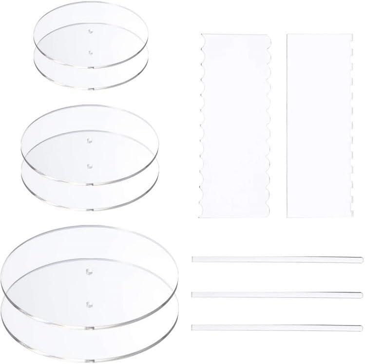 Acrylic Cake Disc Set - 6.25/8.25/10.25 Inch Clear Decorating Supplies with 6 Round Discs, 2 Icing Scrapers and 3 Center Dowels for Cake Baking