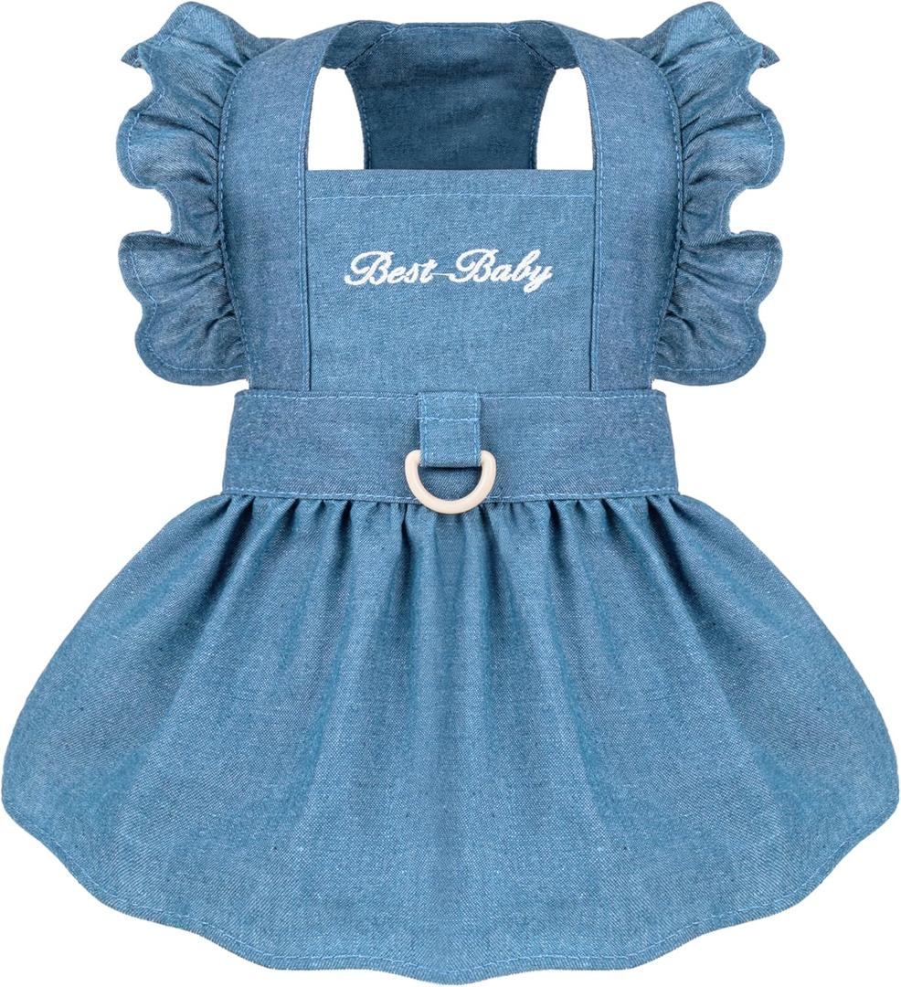 Denim Cat Dog Dress Clothes for Small Dogs with Leash Ring Summer Girl Small Dog Clothes Outfit Belly Velcro Fastening Cat Outfits&Apparel for Girl, Large (6.6-9.4 lbs)