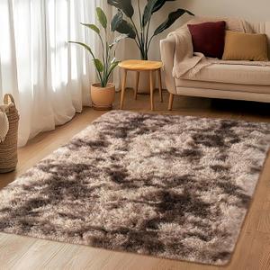3x5 Shag Area Rug - Fluffy Fuzzy Nursery Kids Girls Room Rug - Soft Plush Furry Bedside Carpet- Tie-Dyed Brown
