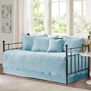 Madison Park Daybed Cover Set Damask Quilted Cover for Daybeds, All Season, Pre-Washed Cotton-Filled Coastal Bedding with Scallop Edge, Shams, Bedskirt, Décor Pillows, Tuscany, 39"x75", Blue 6 Piece