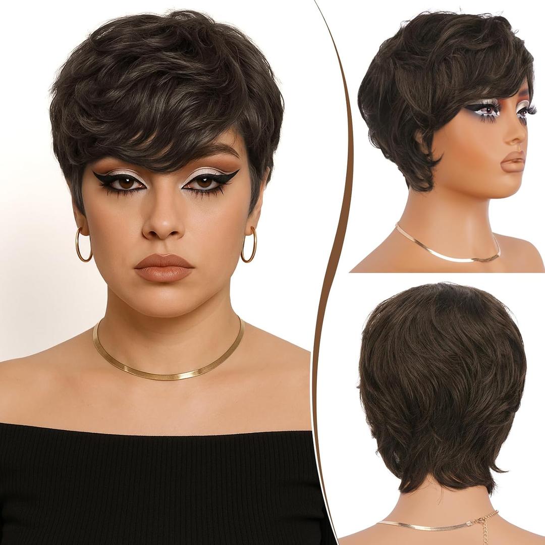 RUWISS Pixie Cut Wig Human Hair Short Wigs for Black Women with Bangs, Natural Layered Wavy Wig, Glueless, 2#